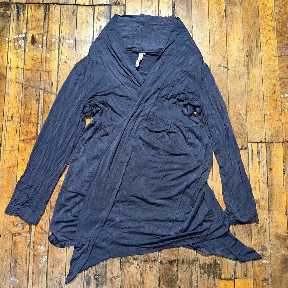 Kische Wrap Top Women's Large Black Solid Assymmetric‎ Hem Open Front Comfort